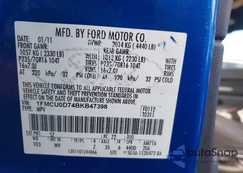 2011 Ford Escape Xlt from USA, damaged, VIN 1FMCU0D74BKB47398